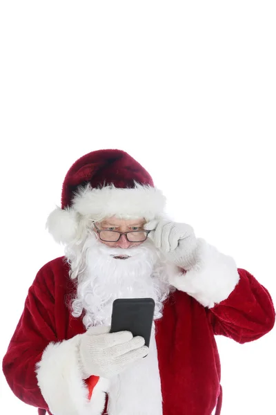 Pai Natal Usa Seu Telefone Celular Papai Noel Usa Seu — Fotografia de Stock