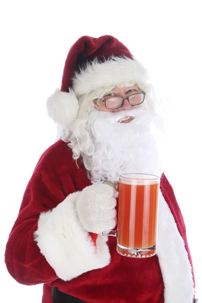 Santa Claus Enjoys Mug Michelada Spicy Mexican Beer Tomato Juice — Stock Photo, Image