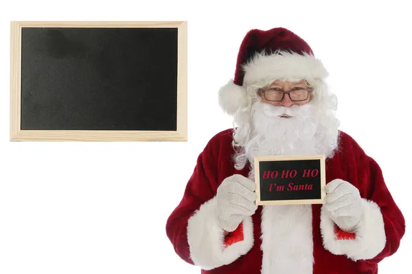 Święty Mikołaj Trzyma Czarną Tablicę Kredą Miejsce Smsa Tablica Pustą — Zdjęcie stockowe