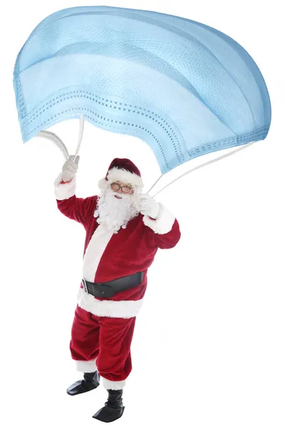 Santa Claus Padák Covid Obličejovou Maskou Vánoční Humor Izolovaný Bílém — Stock fotografie