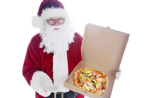 Der Nikolaus Hält Eine Pizza Der Hand Pizzaschachtel Den Händen — Stockfoto
