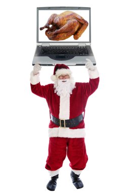 Noel Baba 'nın başının üstünde dev bir dizüstü bilgisayar var. Bilgisayara ihtiyacı olan birine mükemmel bir Noel hediyesi. Beyazda izole edilmiş. Ekranda kızarmış hindi ya da tavuk olan dizüstü bilgisayar. 