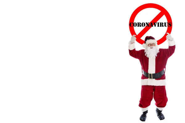 Navidad Santa Claus Santa Claus Sostiene Signo Gigante Sin Coronavirus — Foto de Stock
