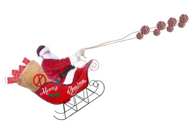 Coronavirus Christmas. Santa Claus drives his sleigh with the Coronavirus as his Deer. Santa Claus is bringing Covid-19 Face Mask to all for this Christmas. Ho Ho Ho. Isolated on white. Clipping Path. clipart