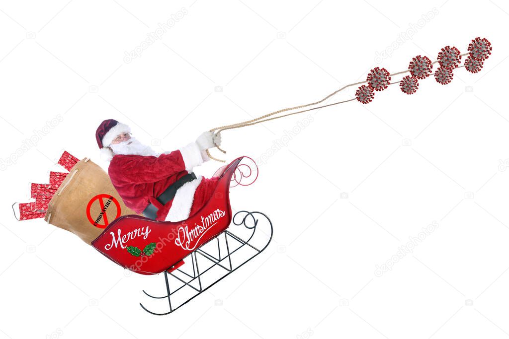 Coronavirus Christmas. Santa Claus drives his sleigh with the Coronavirus as his Deer. Santa Claus is bringing Covid-19 Face Mask to all for this Christmas. Ho Ho Ho. Isolated on white. Clipping Path.