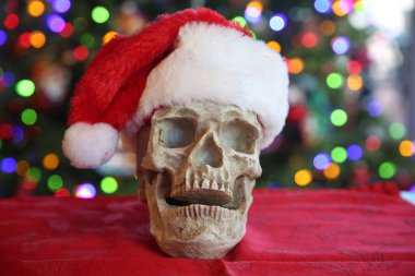 Noel Kafatası. Noel Baba şapkası takan İnsan Gözlü Ürkütücü İnsan Kafatası. Noel ağacının önündeki insan kafatası. Mutlu noeller. Lanetli Noel. Noel Zombisi. 