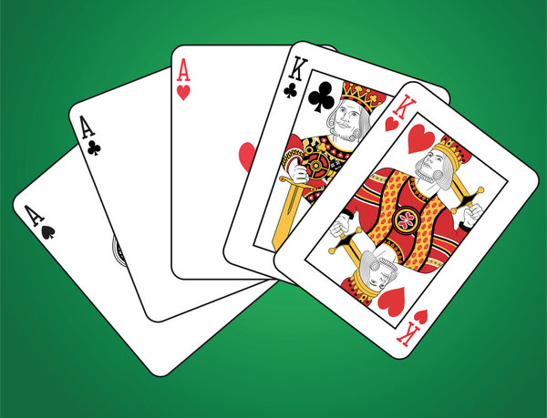 Full house of two kings and three aces on green background