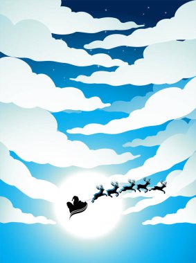 Illustration of Santa and Cloudy Blue Sky with Bright Moon Light