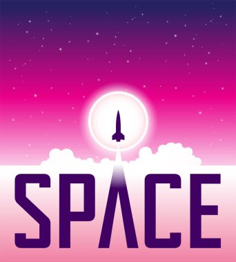 Illustration of Space Poster of a Launching Rocket Over a Pink Night Sky