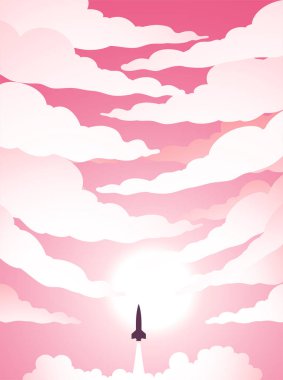 Illustration of Space Poster of Rocket Launch Over a Cloudy Pink Sky
