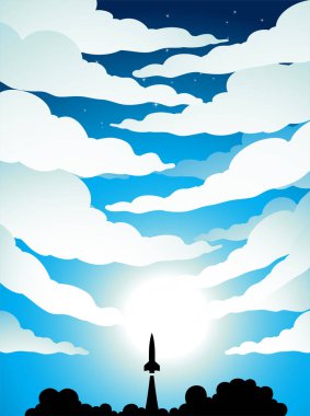 Illustration of Space Poster of Rocket Launch Silhouette Over a Blue Cloudy Sky