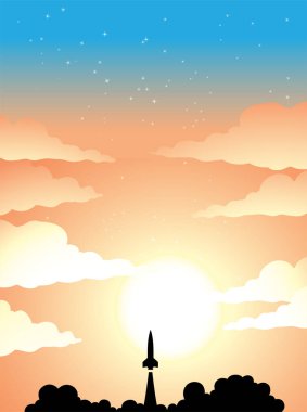 Illustration of Space Poster of Rocket Launch Silhouette Over a Colorful Starry Sky