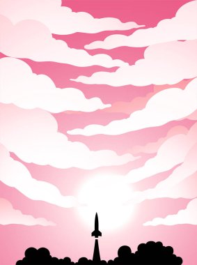 Illustration of Space Poster of Rocket Launch Silhouette Over a Pink Cloudy Sky