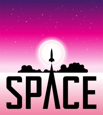 Illustration of Space Poster of Rocket Launching Over Pink Night Sky and the Moon