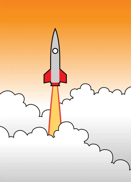 Illustration Rocket Launching Flying Orange Sky — Stockvektor