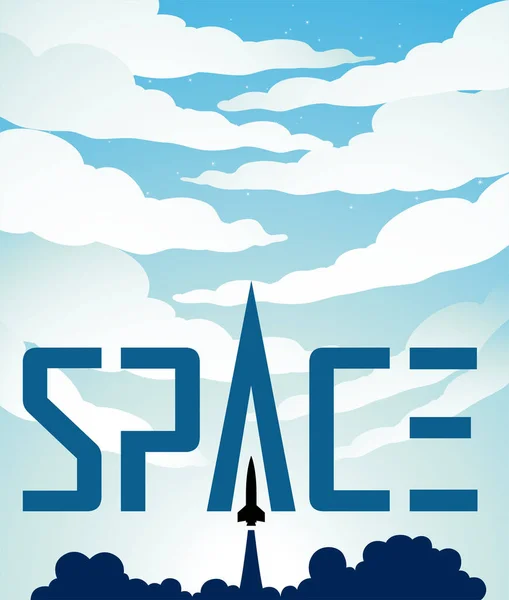 Illustration Space Poster Rocket Launch Bright Blue Starry Sky Futuristic — Stockvector
