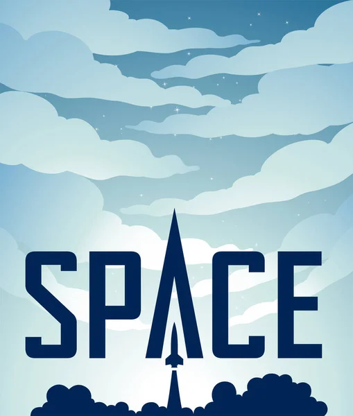 Illustration Space Poster Rocket Launch Greyish Blue Night Sky Dark — Vector de stock