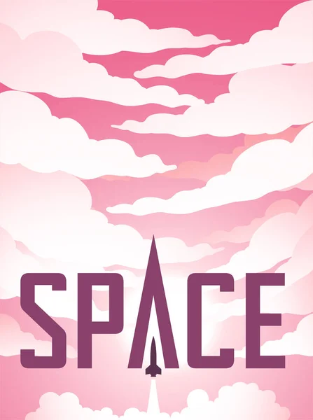 Illustration Space Poster Rocket Launch Pink Cloudy Night Sky — Stock Vector