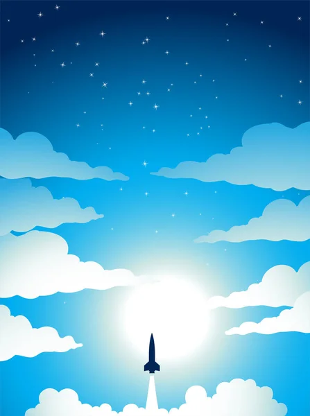 Illustration Space Poster Rocket Launch Cloudy Starry Blue Sky — Stockvector