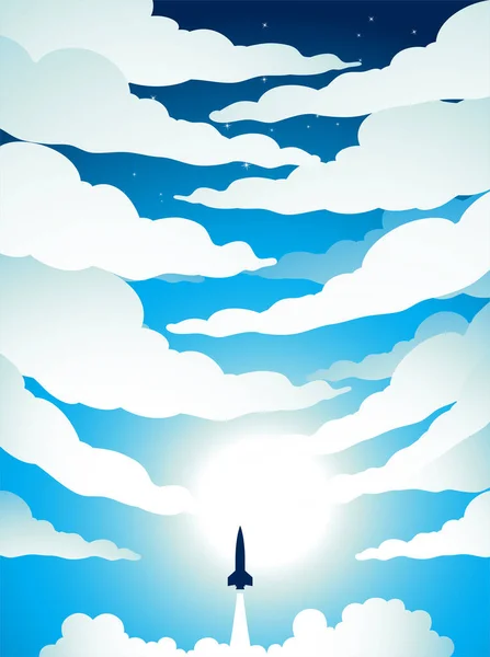 Illustration Space Poster Rocket Launch Cloudy Blue Sky — Stok Vektör