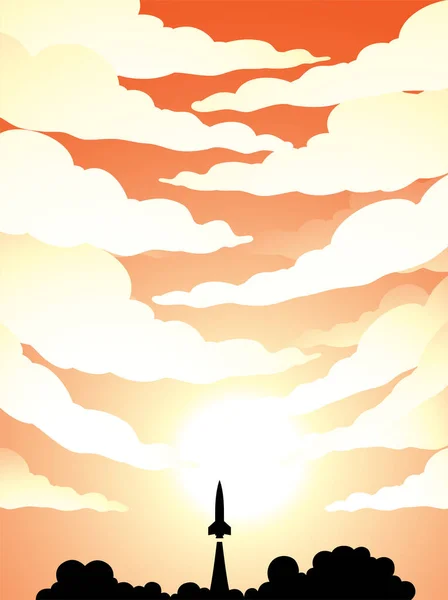 Illustration Space Poster Rocket Launch Silhouette Orange Cloudy Sky — Stockvektor