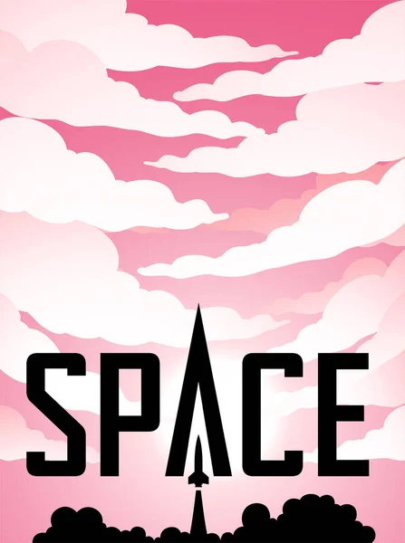 Illustration Space Poster Rocket Launch Silhouette Pink Cloudy Sky Black — Stock Vector