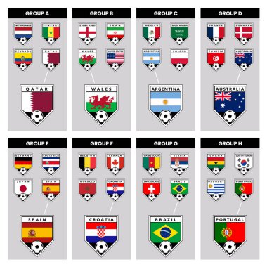 Illustrations of Angled Shield Team Badges for All Countries in All Groups from Football Tournament
