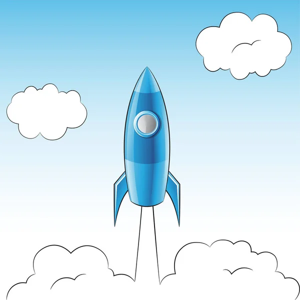 Illustration Launching Blue Rocket Cloudy Sky — Stock Vector