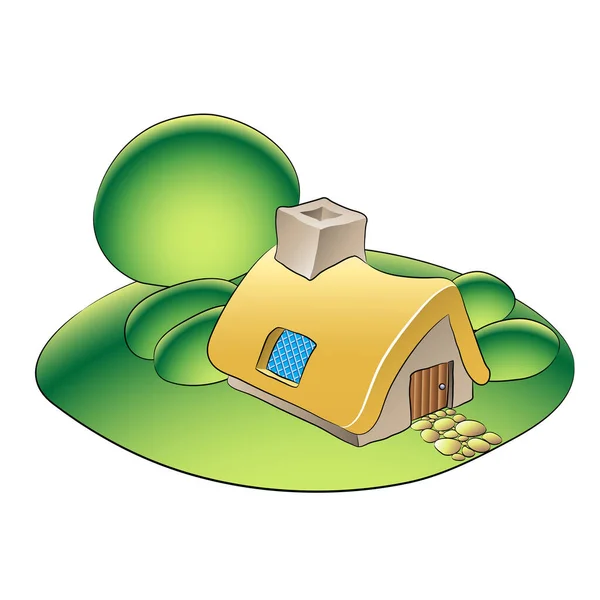 Illustrazione Una Casa Favola Giardino Verde Con Alberi Cespugli Isolati — Vettoriale Stock
