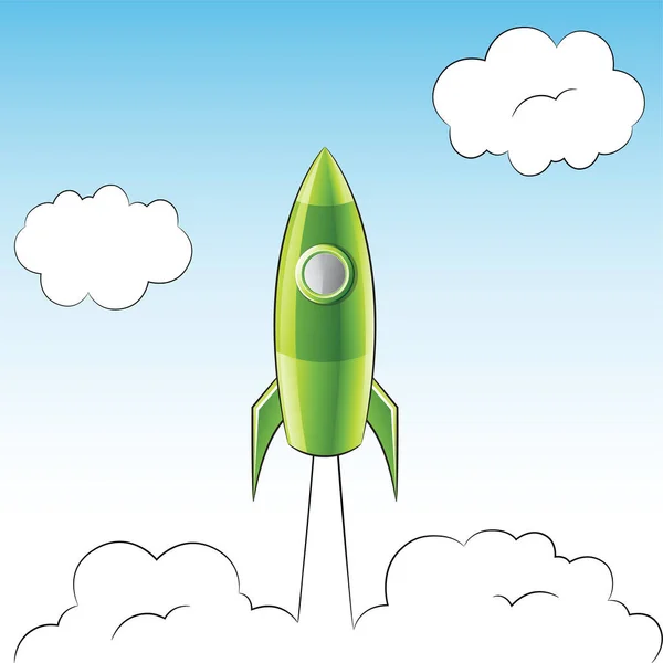 Egy Zöld Rakéta Kilövésének Illusztrációja Egy Felhős Égbolt Felett — Stock Vector