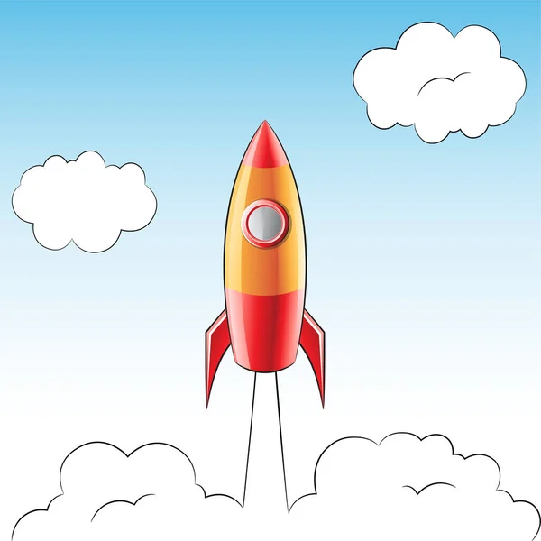 Illusztráció Kilövő Piros Sárga Rakéta Felett Felhős — Stock Vector