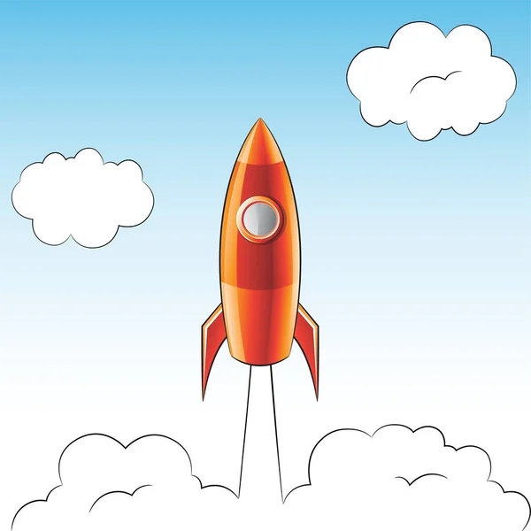 Illustration Launching Orange Rocket Cloudy Sky — Stock Vector