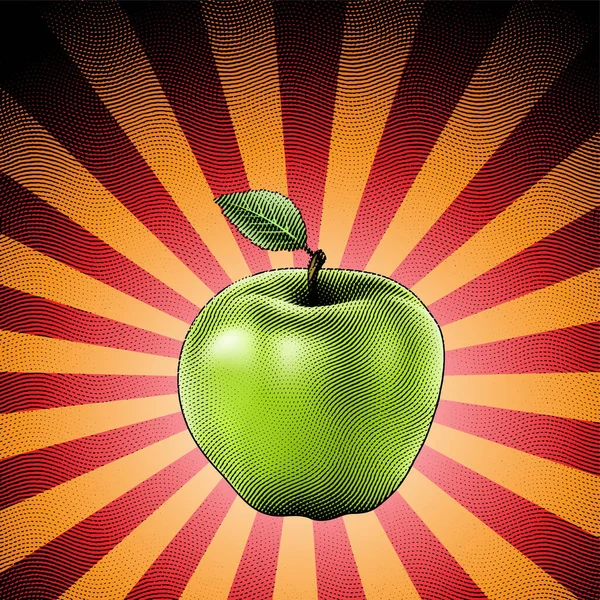 Illustration Une Pomme Gravée Sur Fond Rayé — Image vectorielle