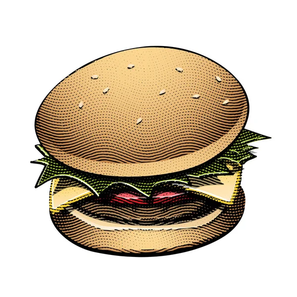 Εικονογράφηση Του Scratchboard Engraved Burger Πολύχρωμο Γέμισμα — Διανυσματικό Αρχείο