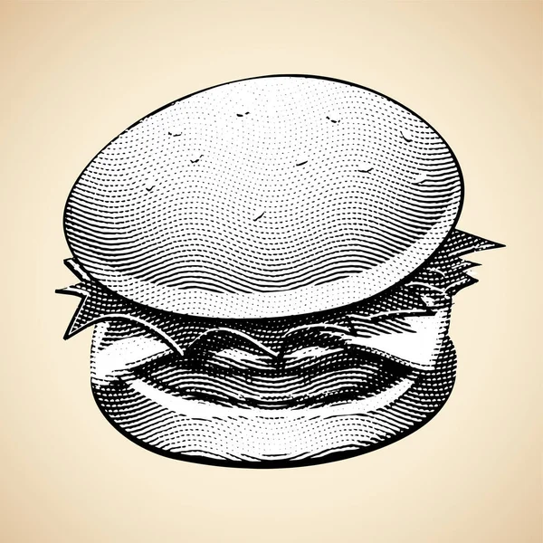 Εικονογράφηση Του Scratchboard Χαραγμένο Burger Λευκό Γέμισμα — Διανυσματικό Αρχείο