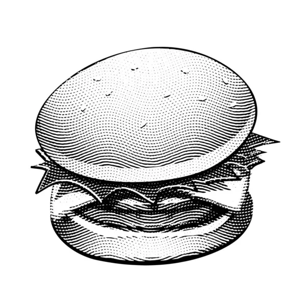 Illustration Von Scratchboard Eingraviertem Burger Auf Weißem Hintergrund — Stockvektor