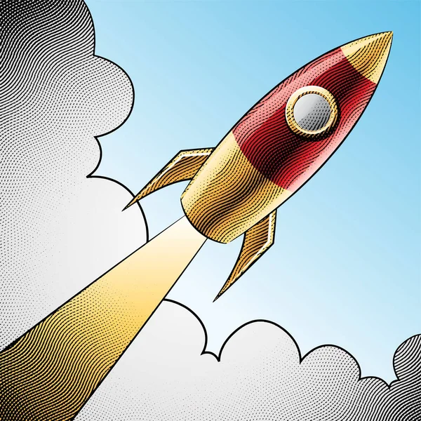 Illusztrációja Scratchboard Gravírozott Átlós Rakéta Felhők Színes Töltelék — Stock Vector