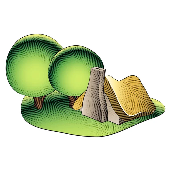 Ilustracja Scratchboard Grawerowane Fairytale House Zielonym Ogrodzie Okrągłe Drzewa Kolorowym — Wektor stockowy