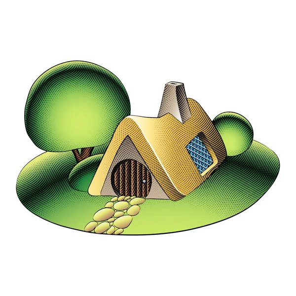Ilustración Scratchboard Engraved Fairytale House Green Garden Árboles Arbustos Con — Archivo Imágenes Vectoriales