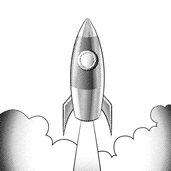 Ilustracja Scratchboard Rakieta Grawerowana Wystrzeliwanie Białym Tle — Wektor stockowy
