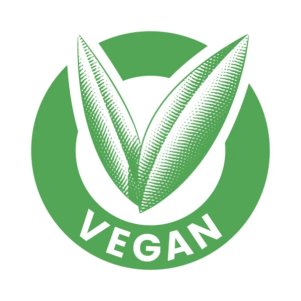 Vegan Στρογγυλό Εικονίδιο Χαραγμένα Πράσινα Φύλλα Απομονώνονται Λευκό Φόντο — Διανυσματικό Αρχείο