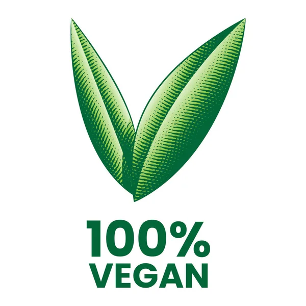 100 Vegan Εικονίδιο Πράσινα Χαραγμένα Φύλλα Που Απομονώνονται Λευκό Φόντο — Διανυσματικό Αρχείο