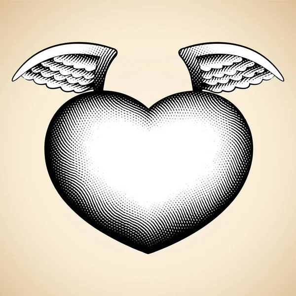 Illustration Scratchboard Engraved Angel Heart White Fill Isolated Beige Background — Stock Vector