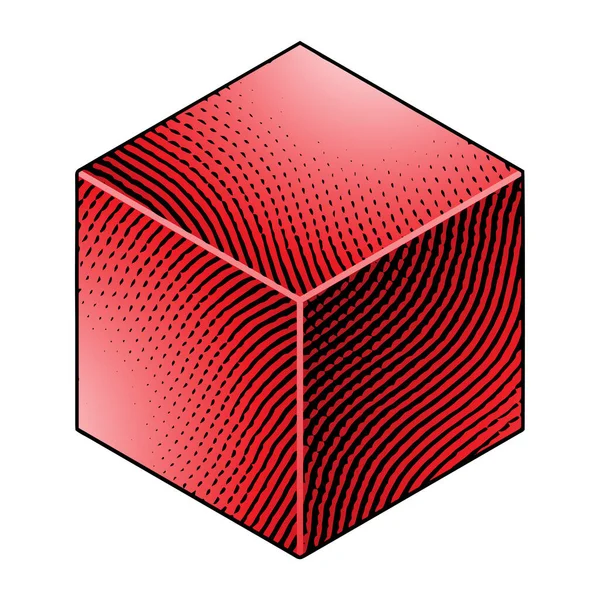 Ilustración Scratchboard Cubo Grabado Con Relleno Rojo Aislado Sobre Fondo — Archivo Imágenes Vectoriales
