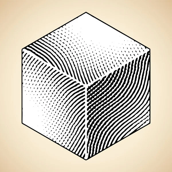 Ilustração Scratchboard Gravado Cubo Com Preenchimento Branco Isolado Fundo Bege — Vetor de Stock
