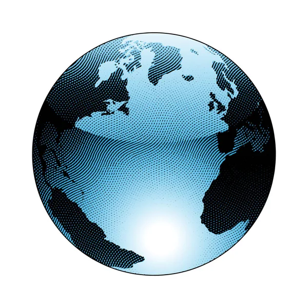 Illustration Von Scratchboard Gravur Globe Illustration Mit Blauer Füllung Isoliert — Stockvektor