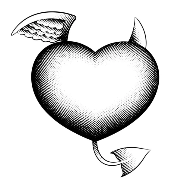 Illustration Scratchboard Gravé Bon Mauvais Coeur Isolé Sur Fond Blanc — Image vectorielle