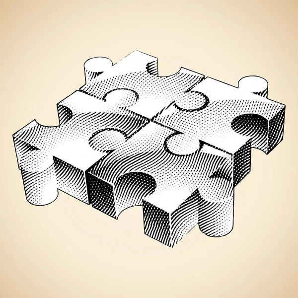 Ilustracja Scratchboard Grawerowane Puzzle Białym Fill Izolowane Białym Tle — Wektor stockowy