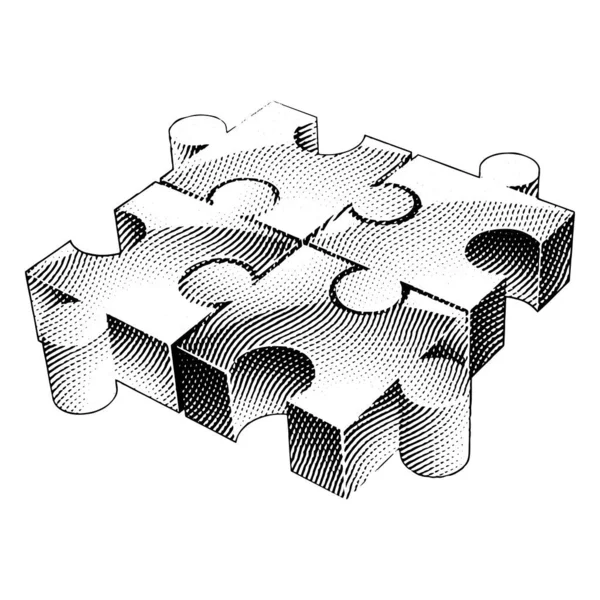 Ilustrație Scratchboard Gravat Jigsaw Puzzle Izolat Fundal Alb — Vector de stoc