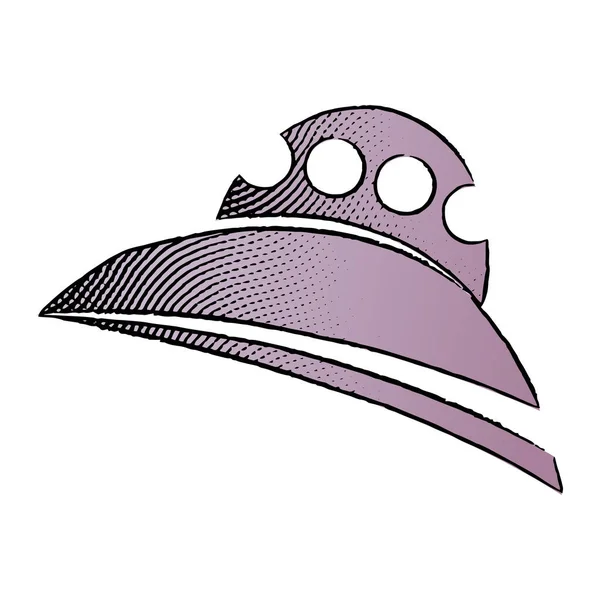 Illustration Scratchboard Engraved Icon Alien Ship Purple Fill Isolated White — Stock Vector